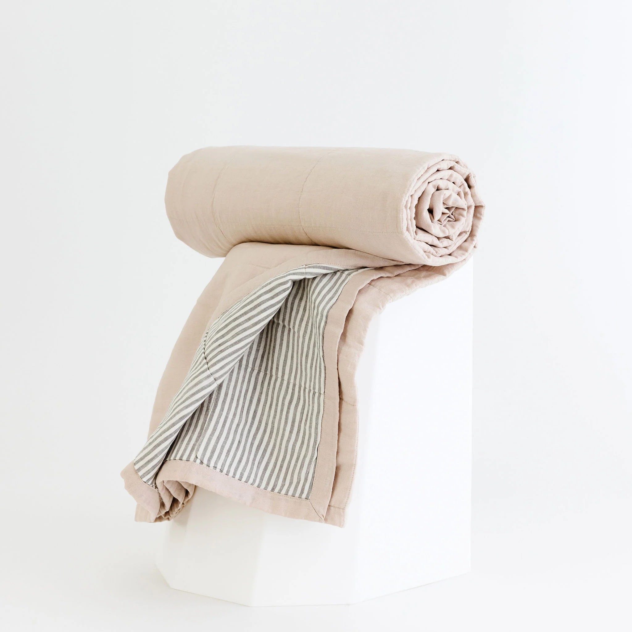 Blush Pink & Grey Stripes Linen Cot Quilt