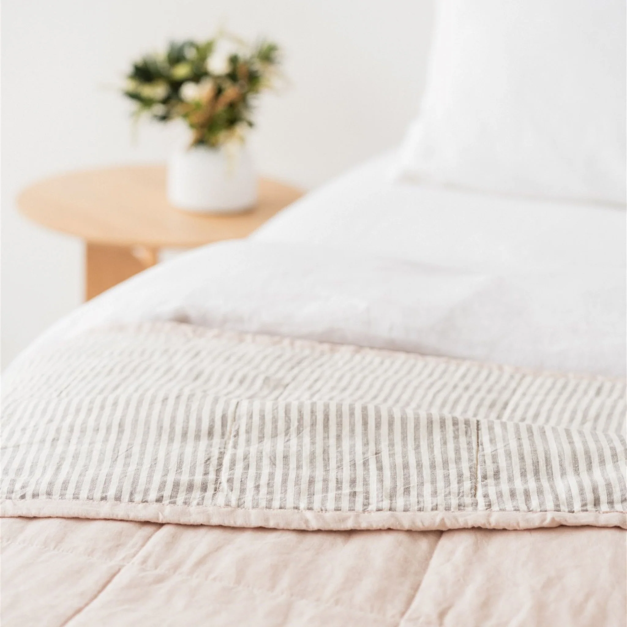 Blush Pink & Grey Stripes Linen Cot Quilt - Image 3