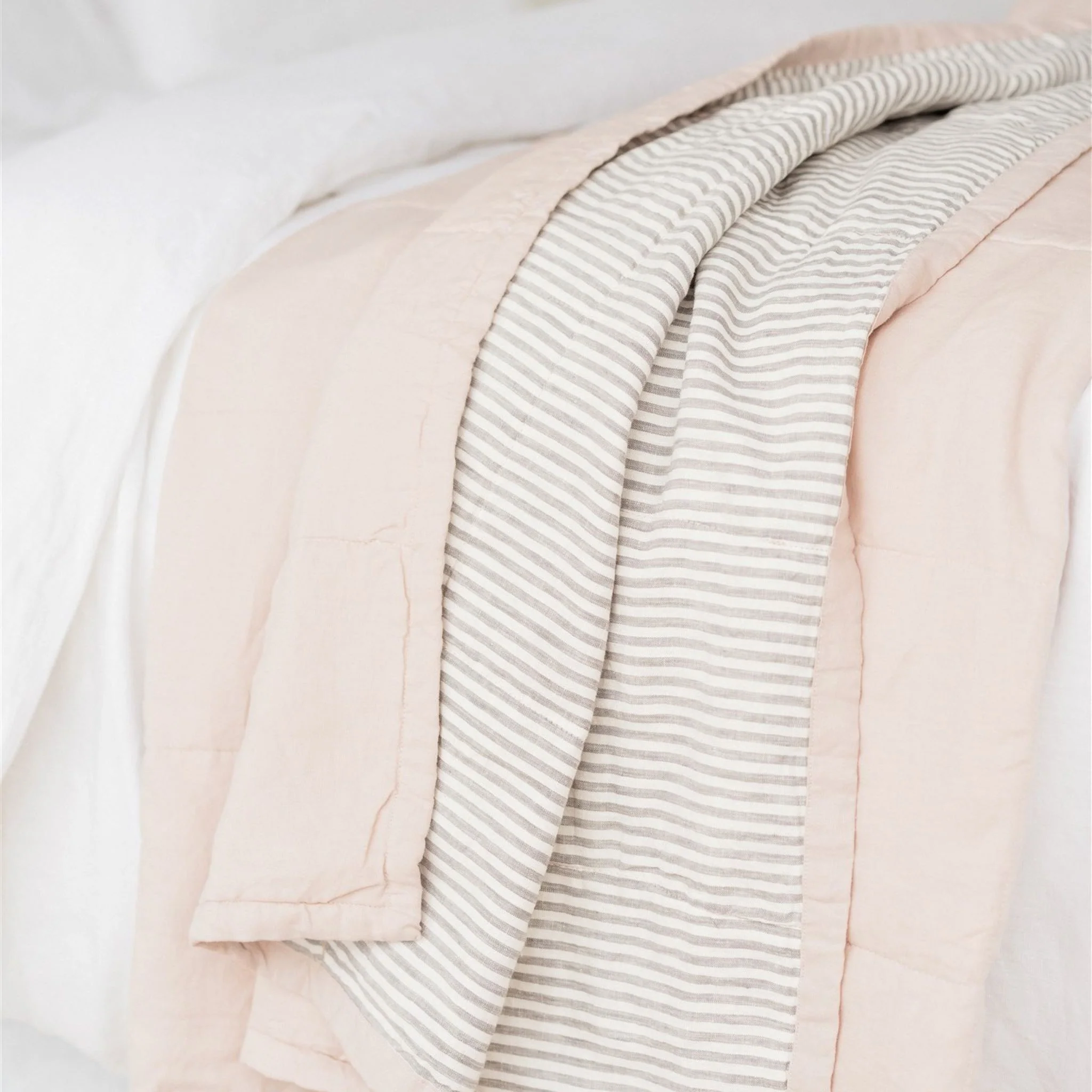 Blush Pink & Grey Stripes Linen Cot Quilt - Image 5