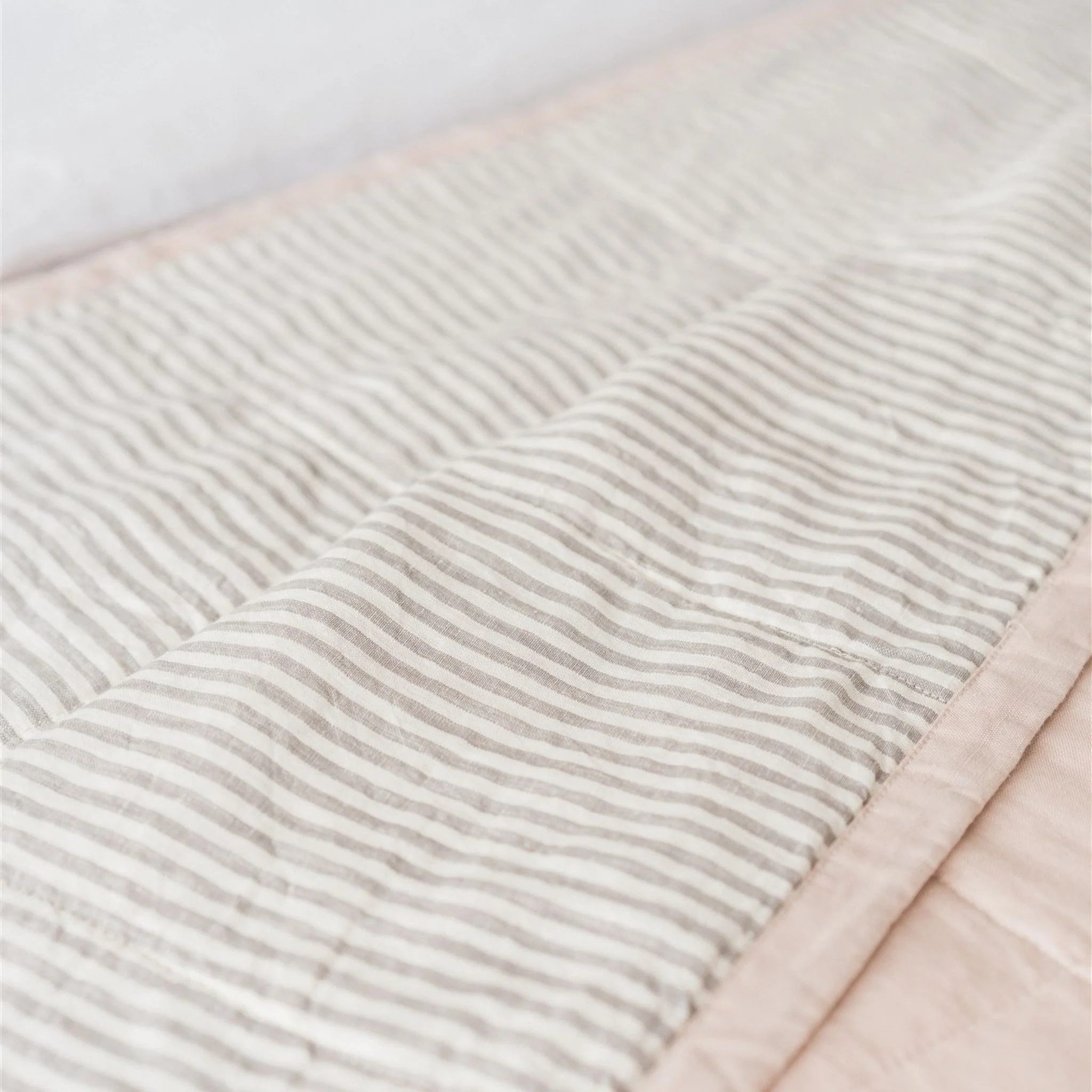 Blush Pink & Grey Stripes Linen Cot Quilt - Image 7