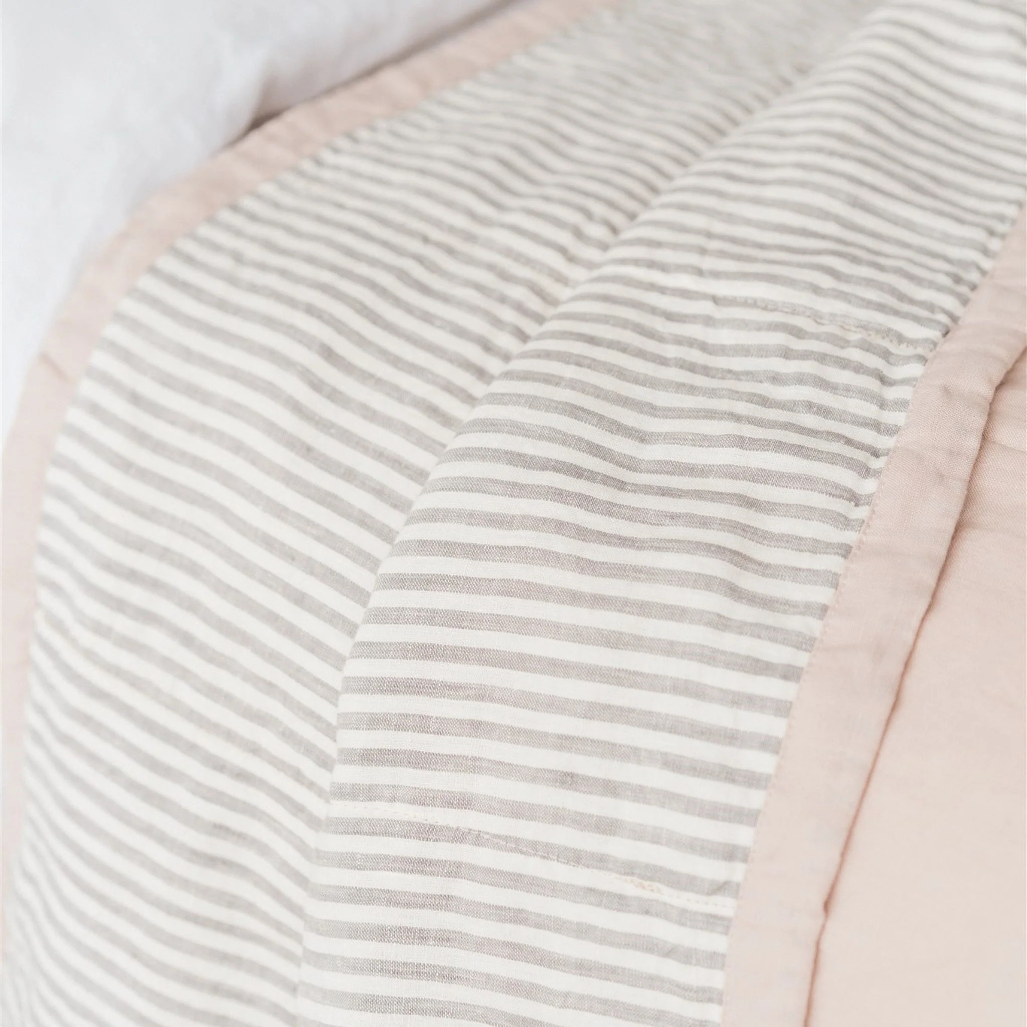 Blush Pink & Grey Stripes Linen Cot Quilt - Image 8