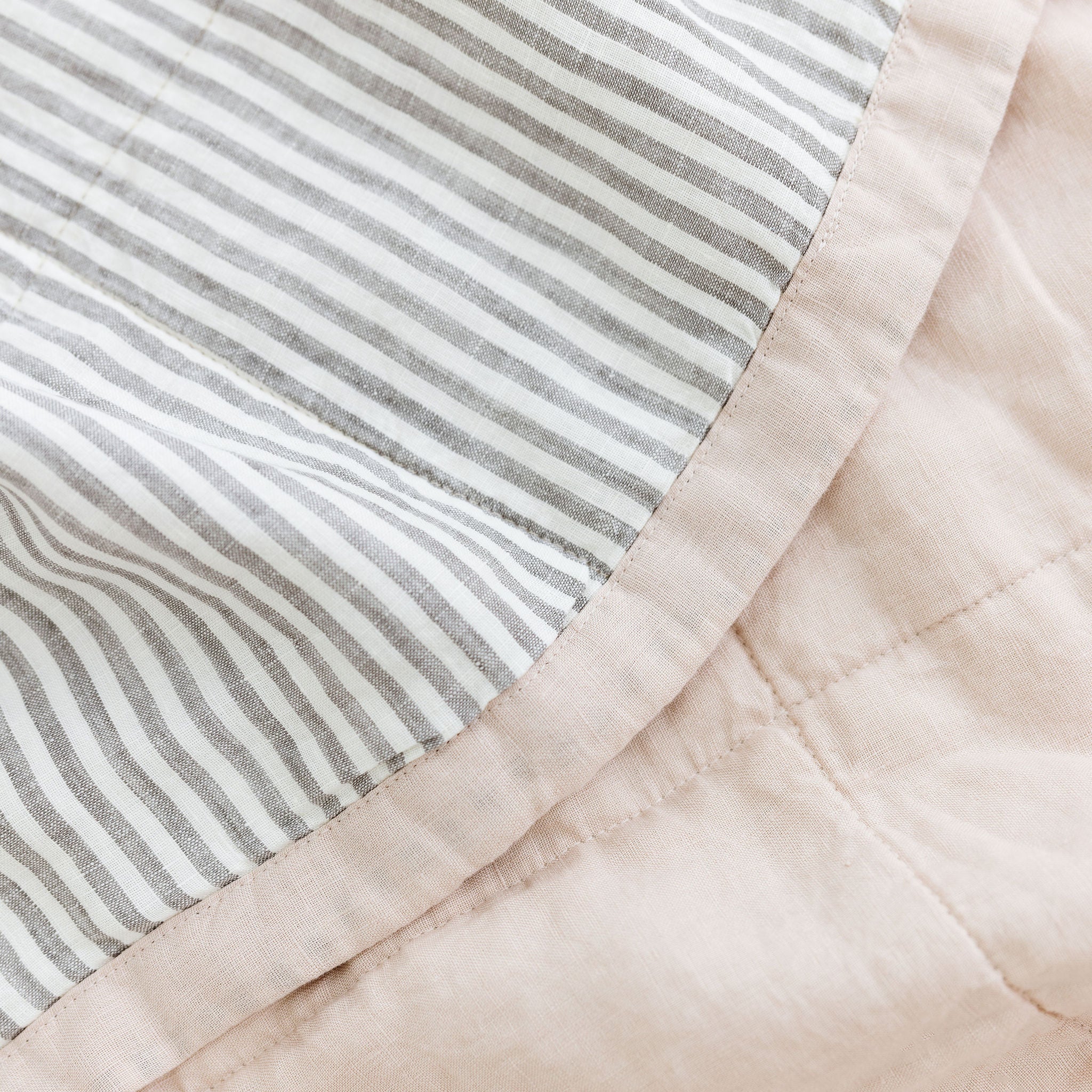 Blush Pink & Grey Stripes Linen Cot Quilt - Image 9