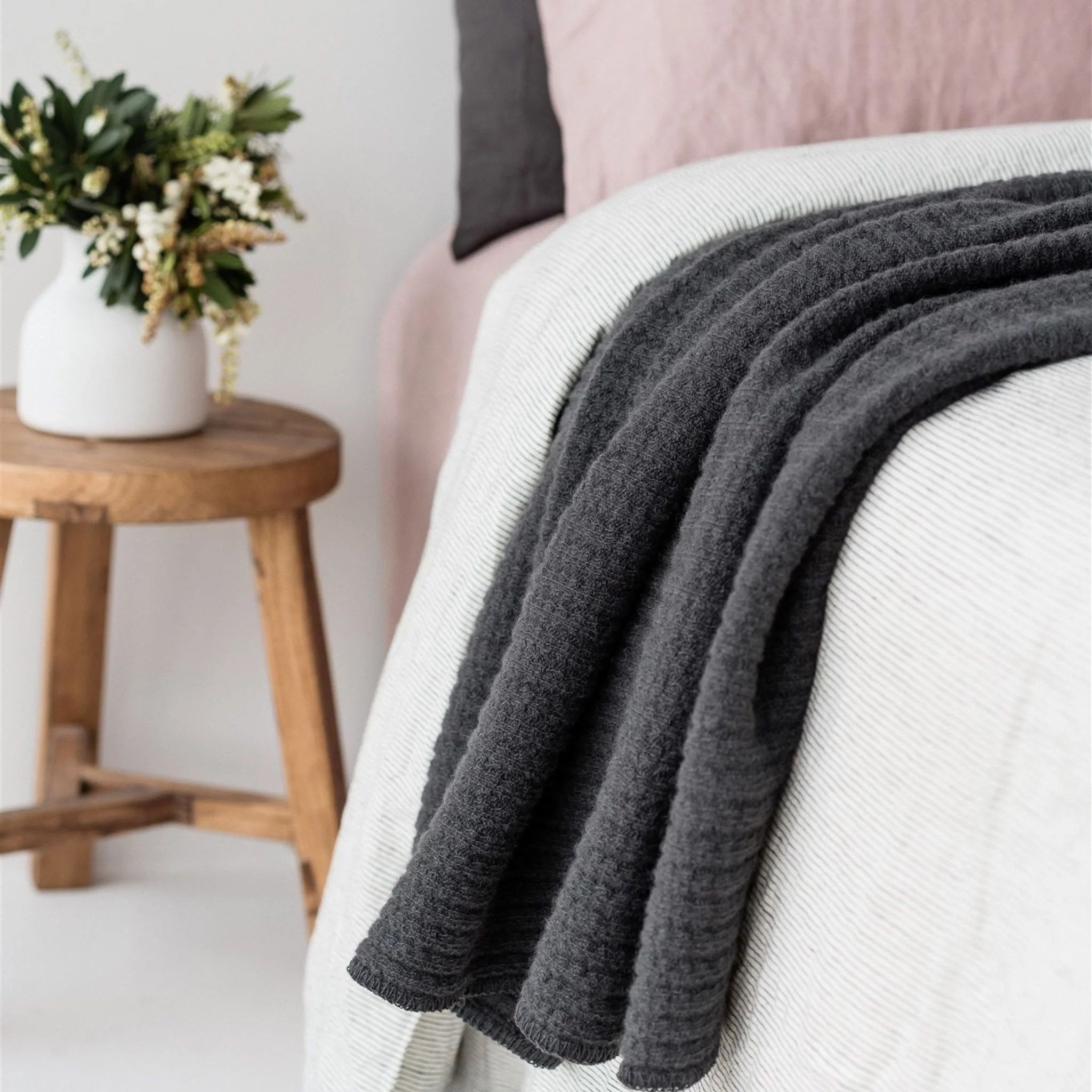 Charcoal Ribbed Wool Throw Blanket