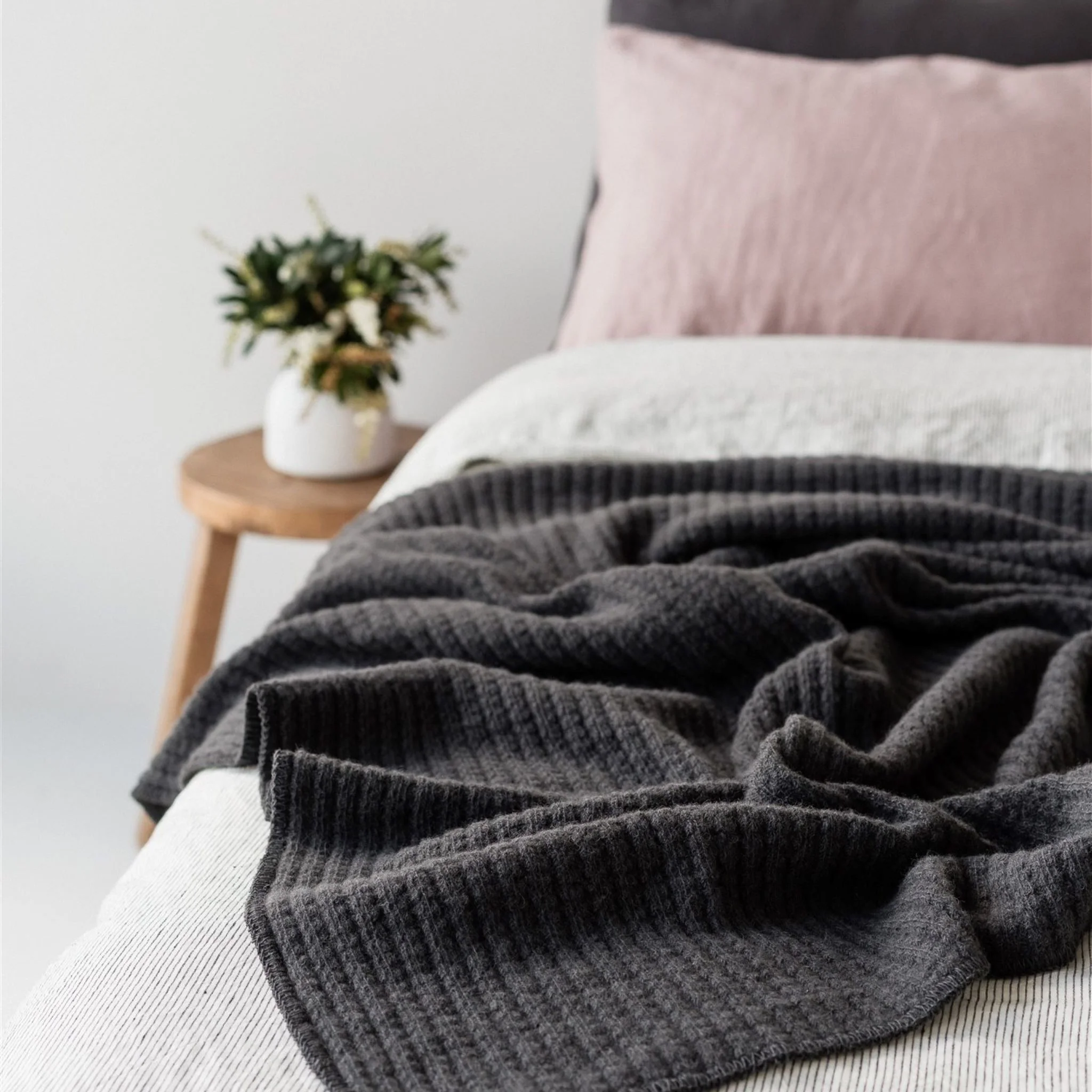 Charcoal Ribbed Wool Throw Blanket - Image 2