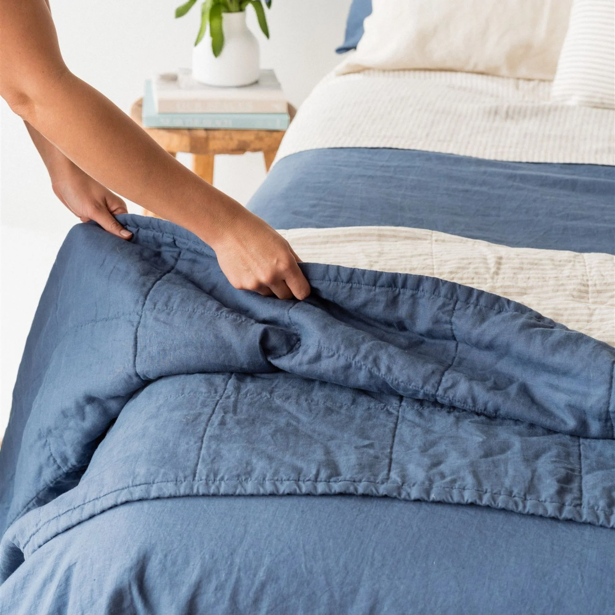 Coastal Blue & Sand Stripes Linen Quilt - Image 5