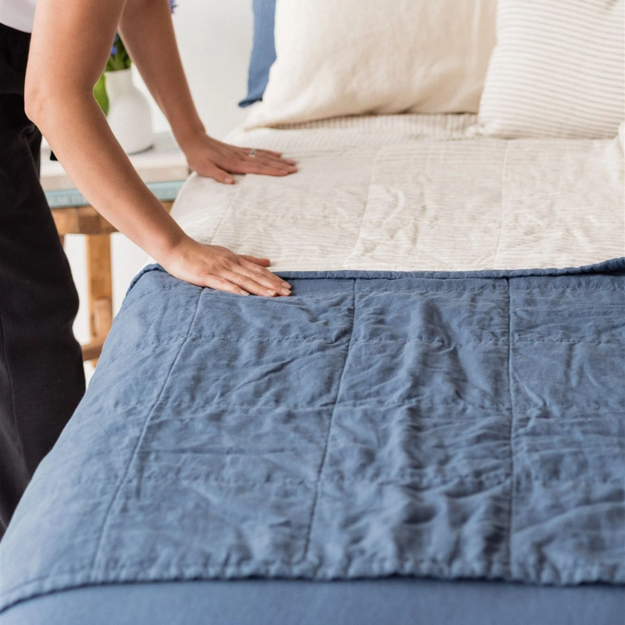 Coastal Blue & Sand Stripes Linen Quilt - Image 8