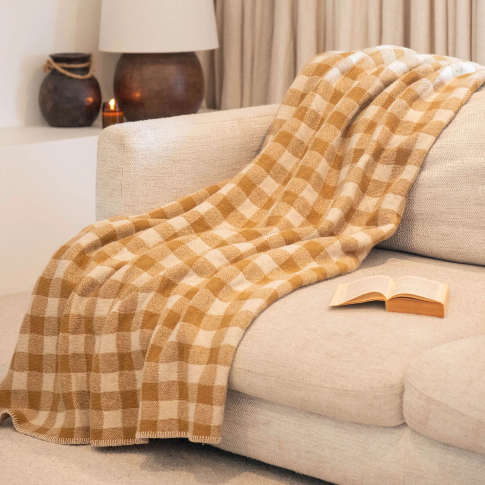 Ginger Honey Checks Wool Throw Blanket - Image 6
