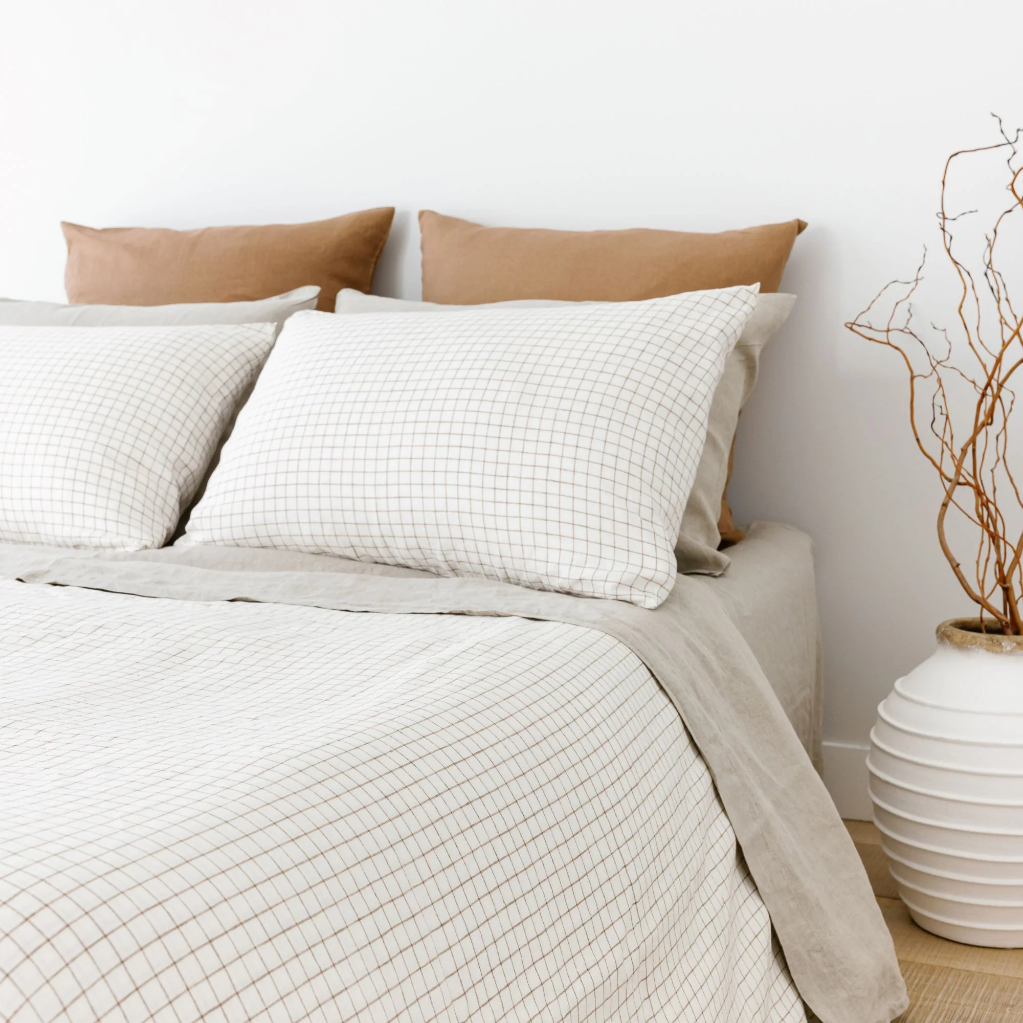 Malt Brown Grid Linen Sheets Set - Image 13