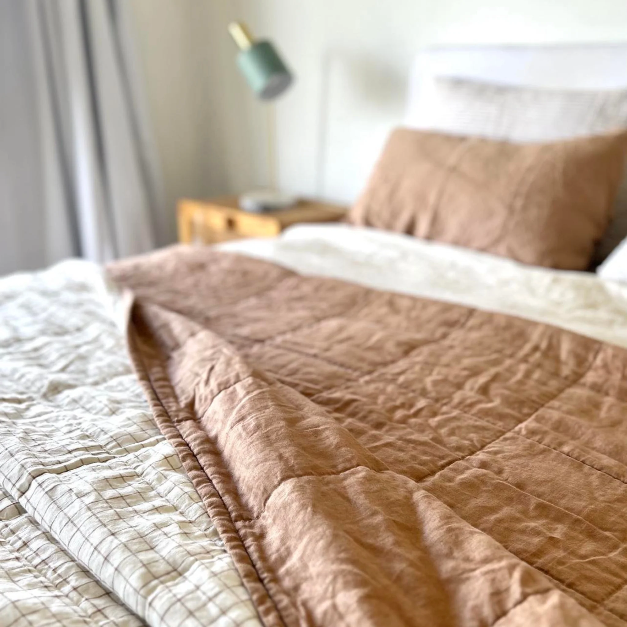 Malt Brown & Malt Brown Grid Linen Cot Quilt - Image 6