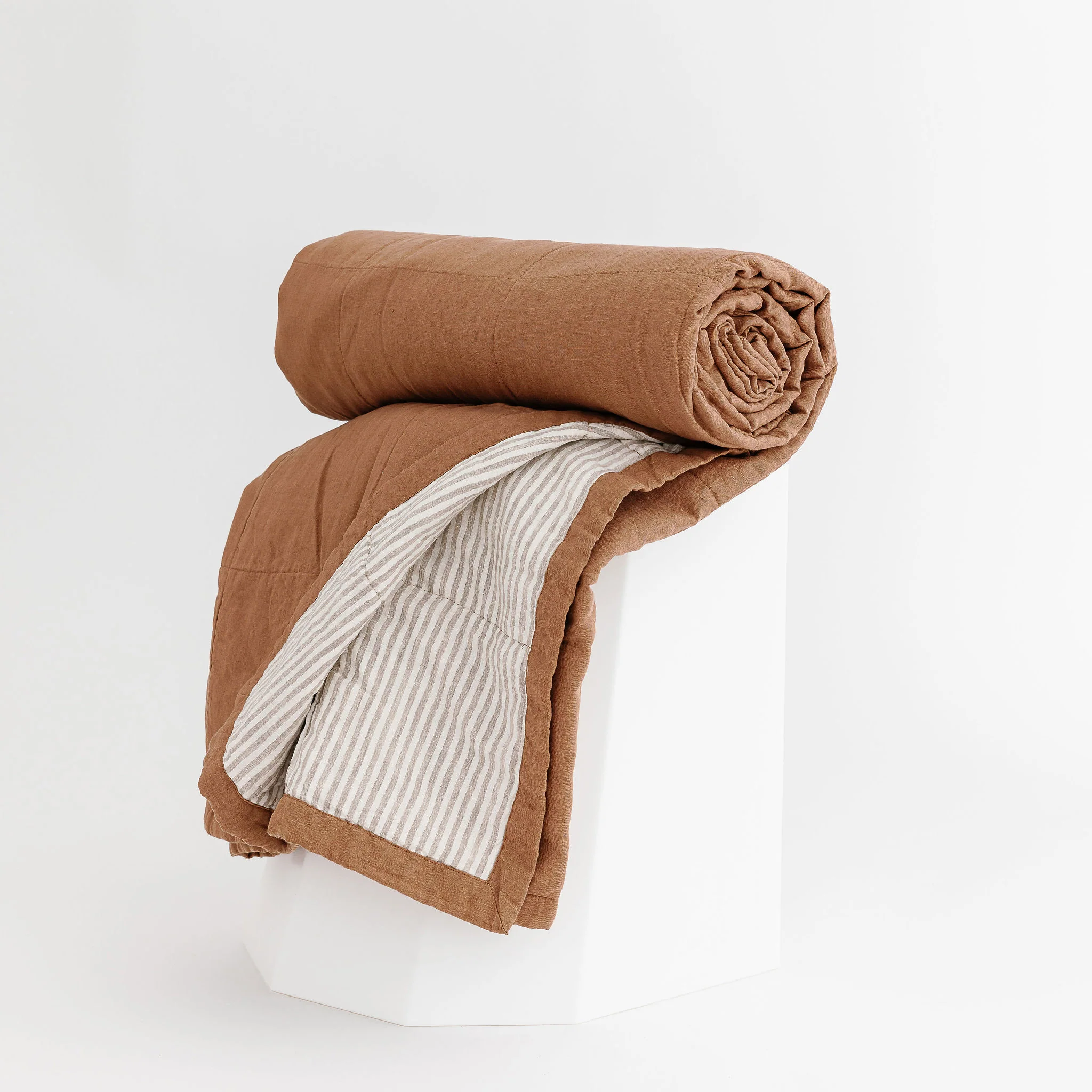 Malt Brown & Sand Stripes Linen Quilt