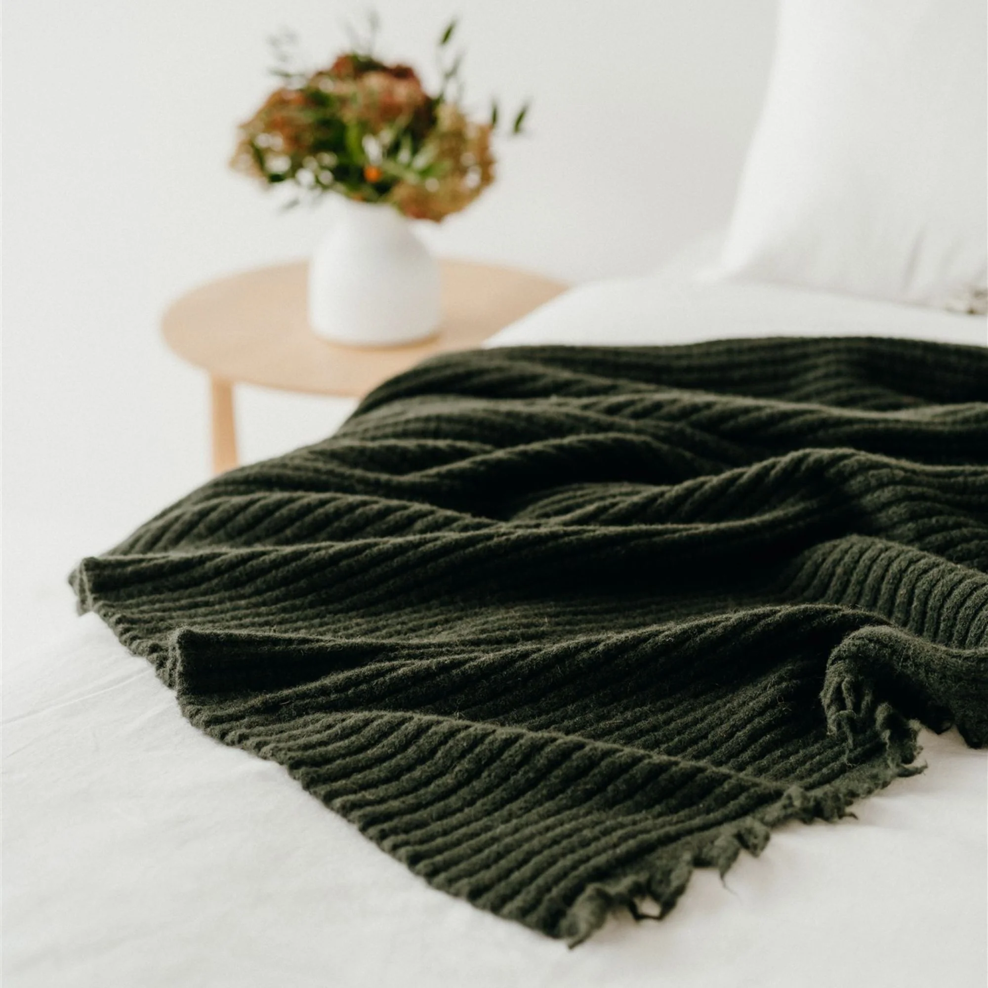 Moss Green Ribbed Wool Throw Blanket - Image 2