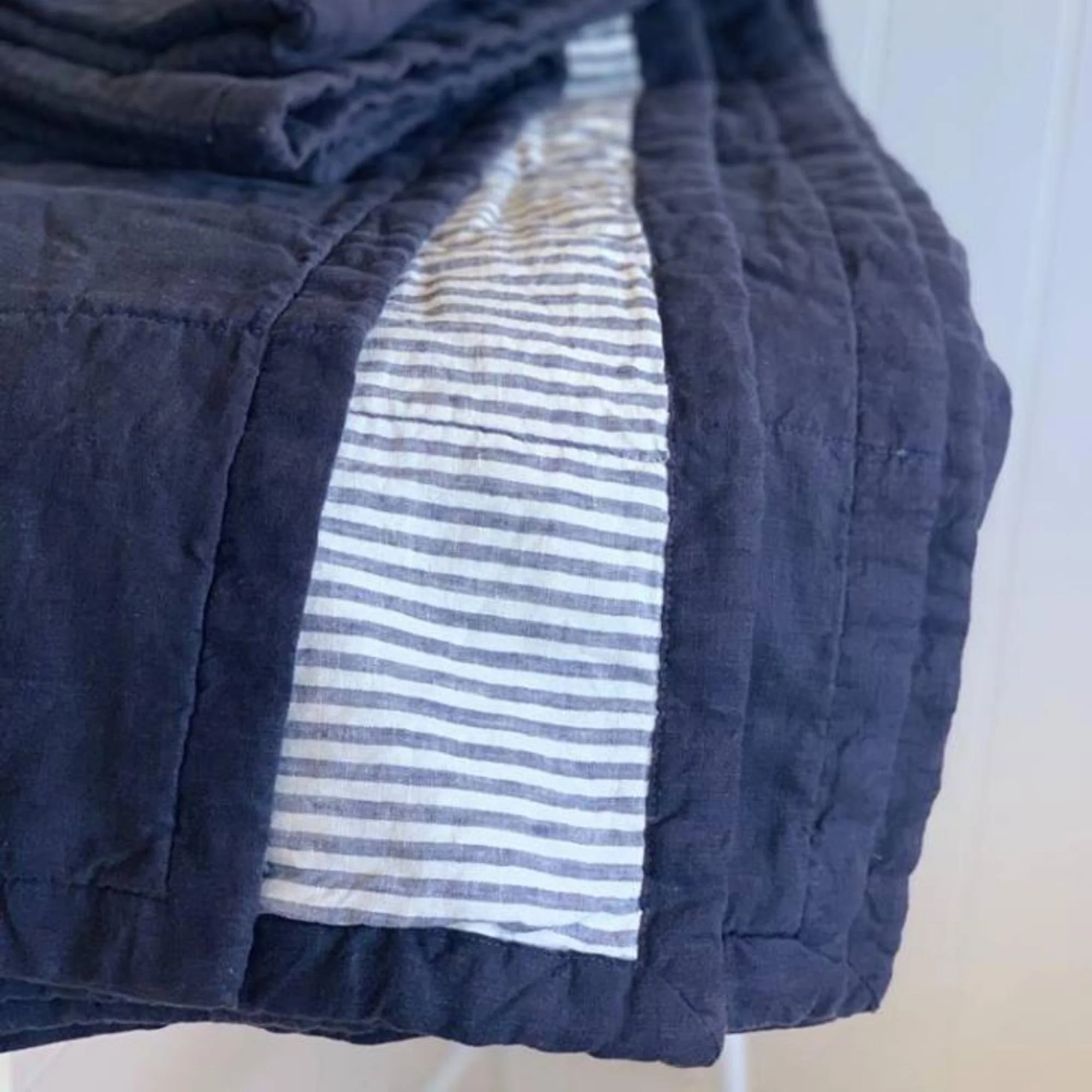 Navy & Blue Stripes Linen Cot Quilt - Image 3
