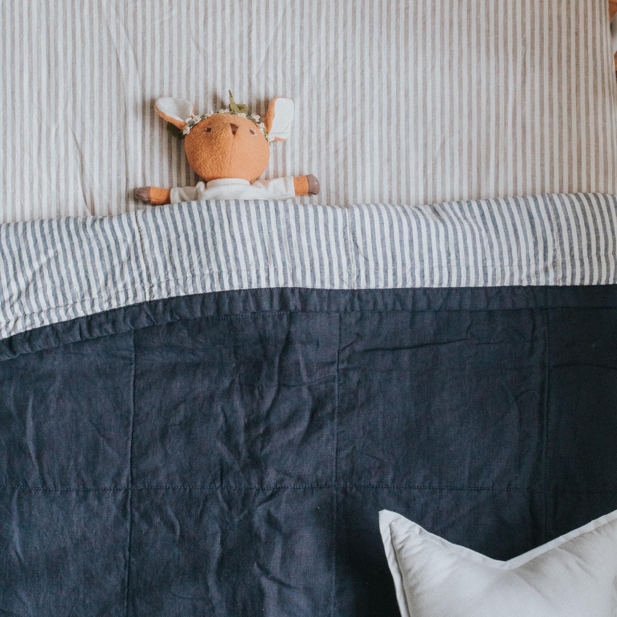 Navy & Blue Stripes Linen Cot Quilt - Image 5
