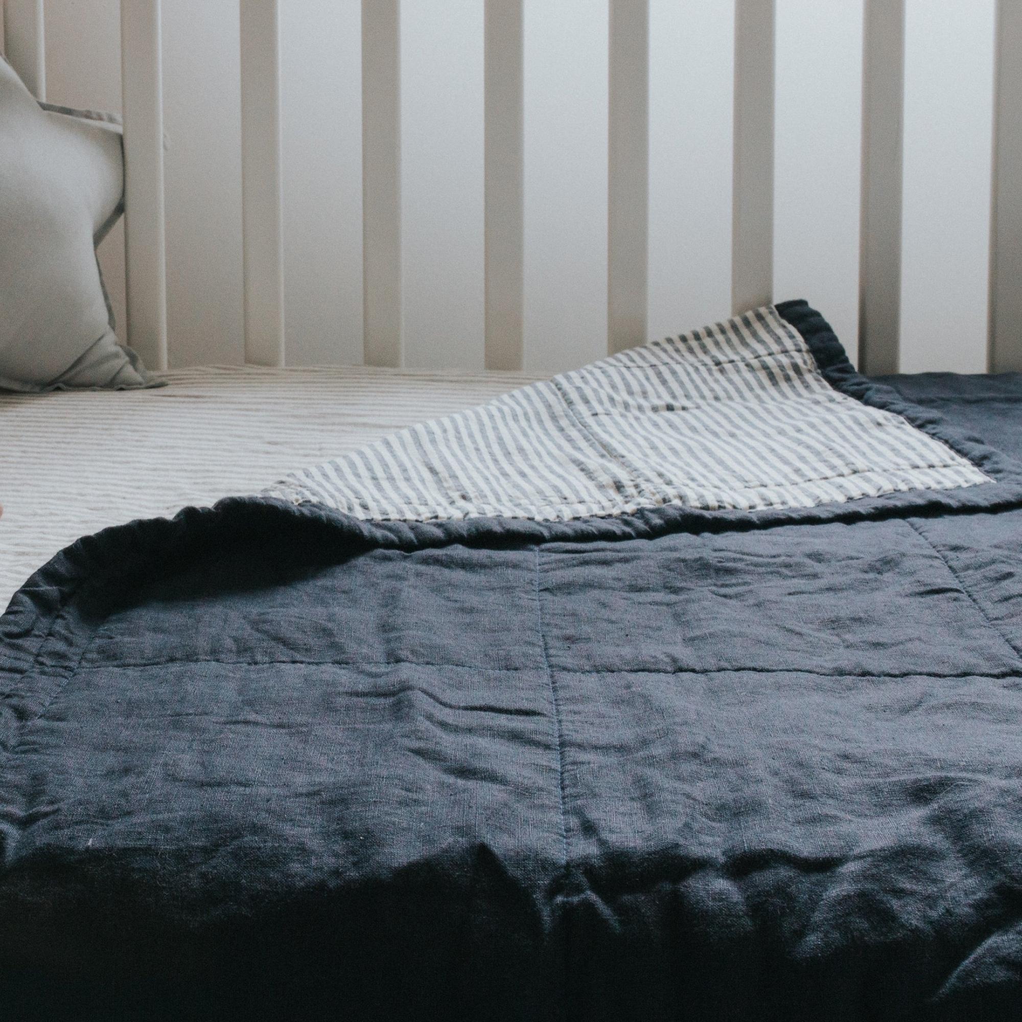 Navy & Blue Stripes Linen Cot Quilt - Image 6