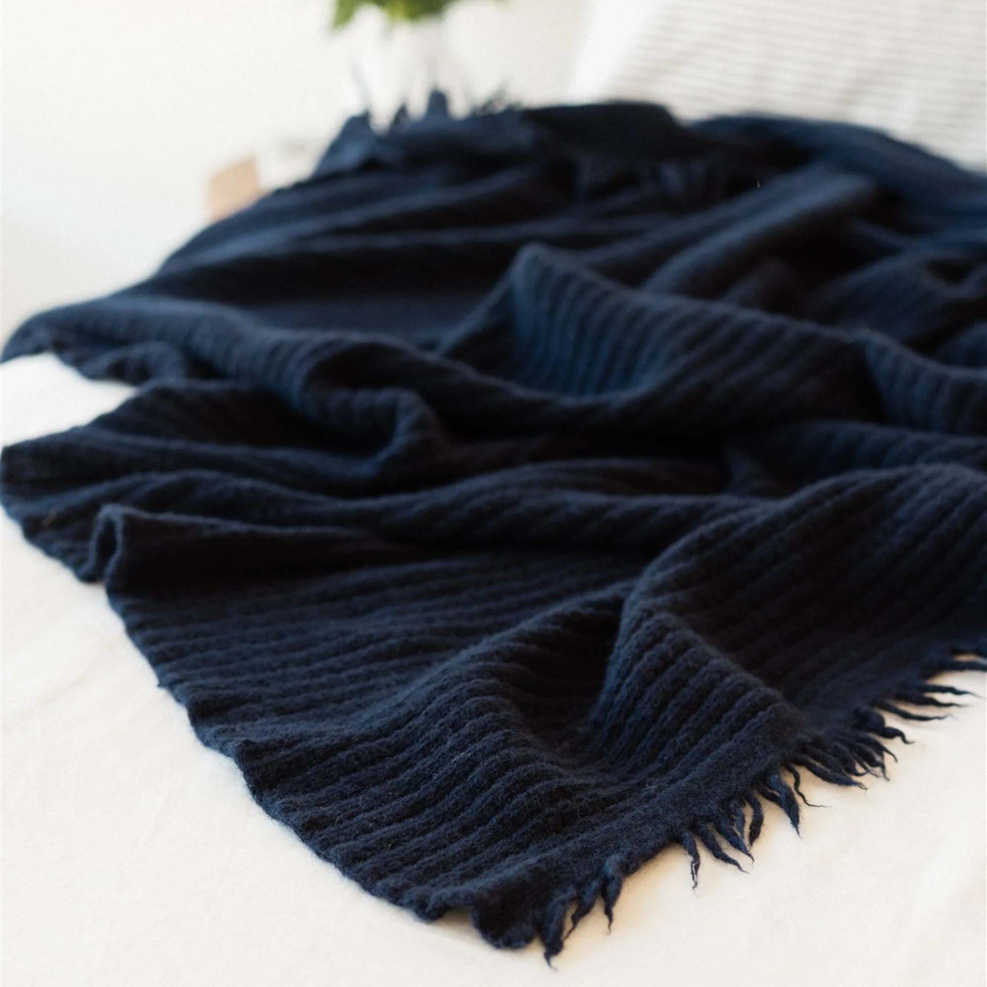 Navy Ribbed Wool Throw Blanket - Image 2
