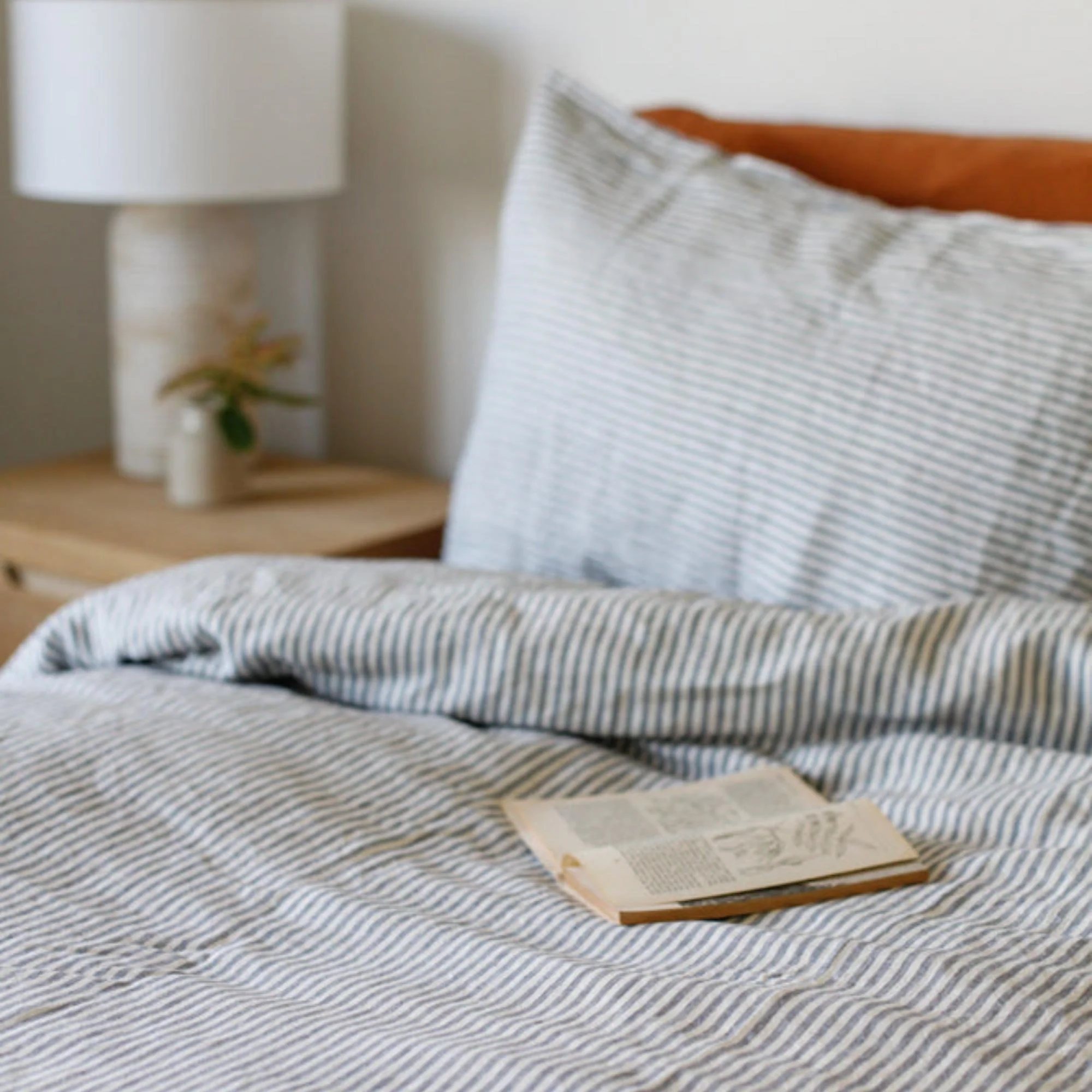 Navy Blue Stripes Linen Sheets Set - Image 11