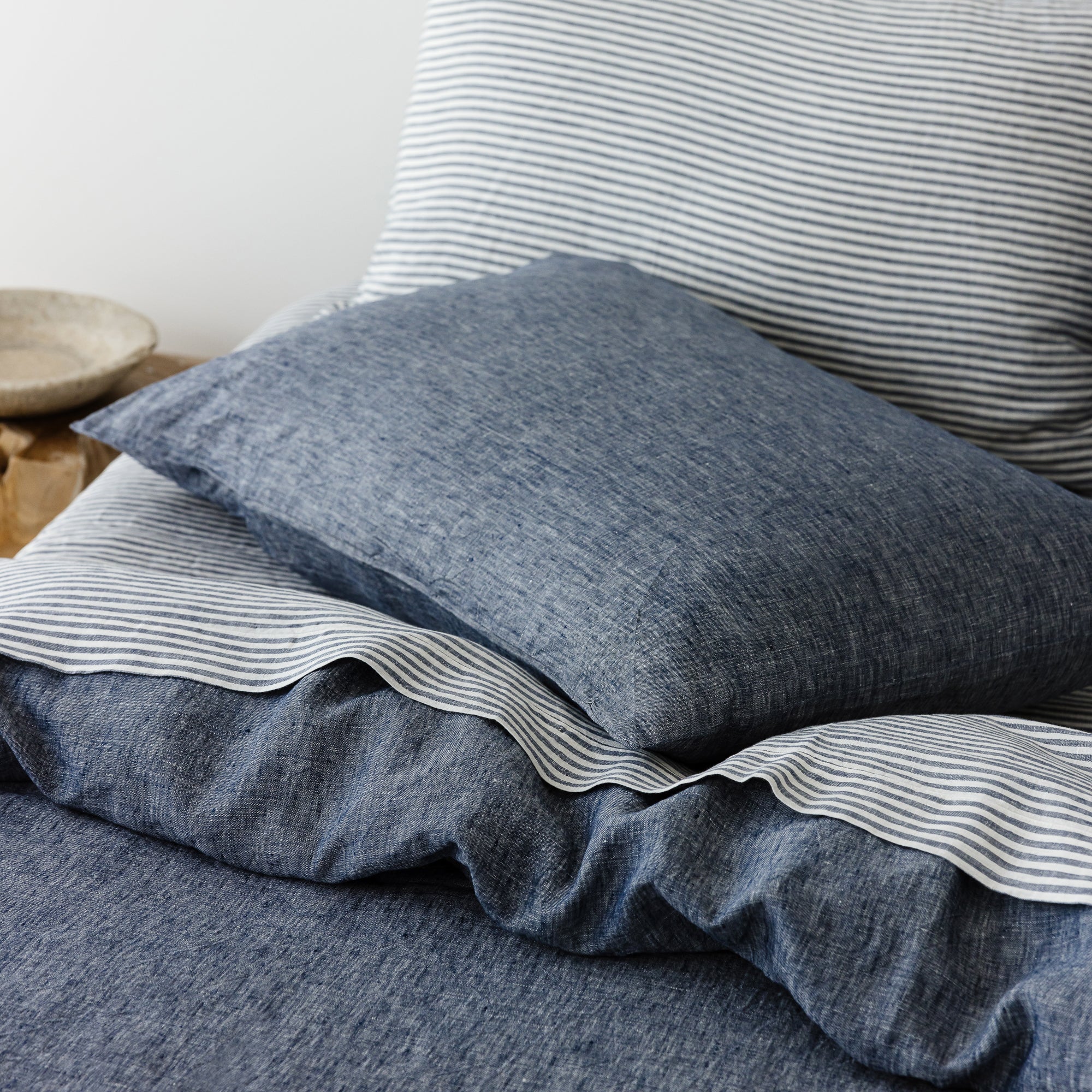Navy Blue Stripes Linen Sheets Set - Image 7