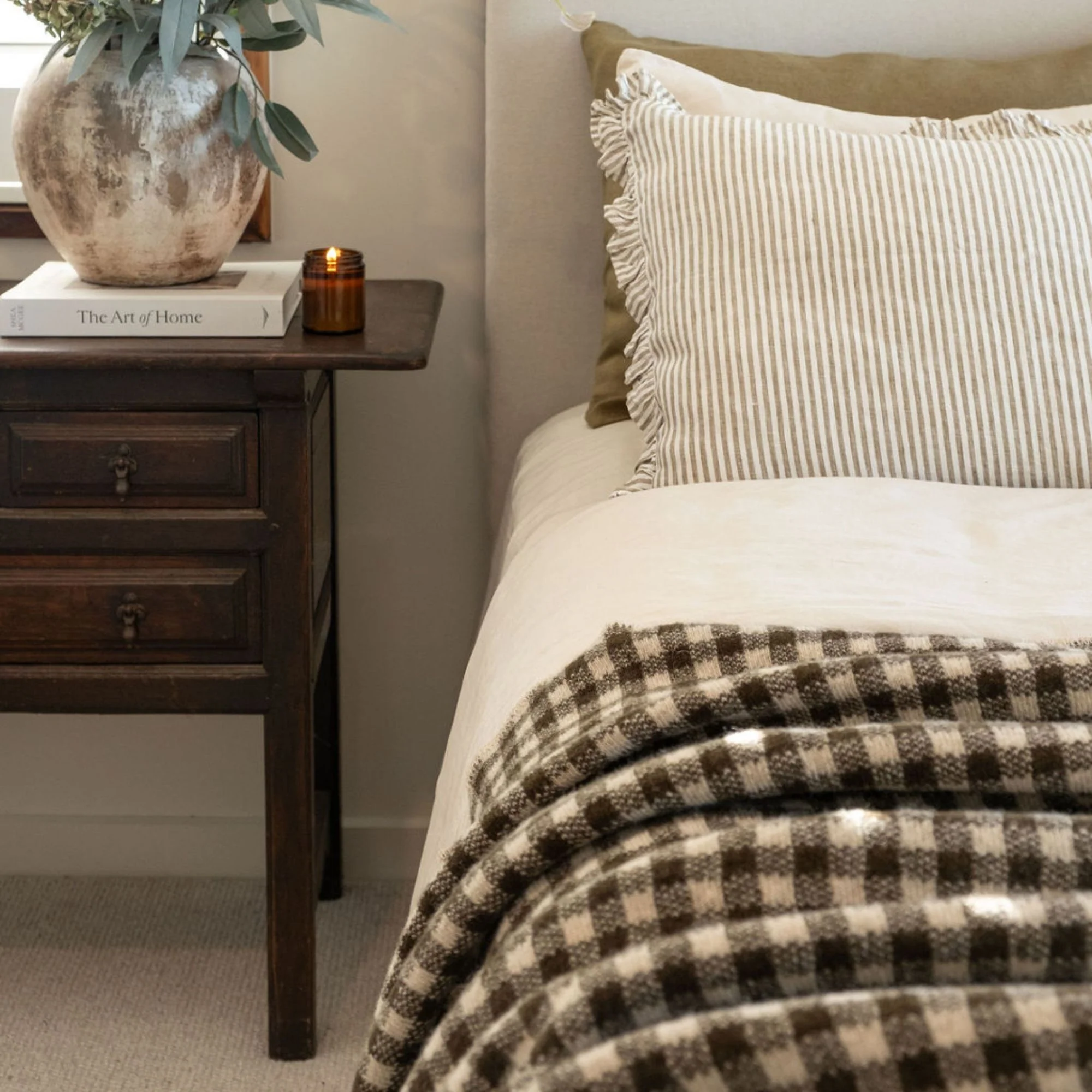 Olive Green Gingham Wool Throw Blanket - Image 4