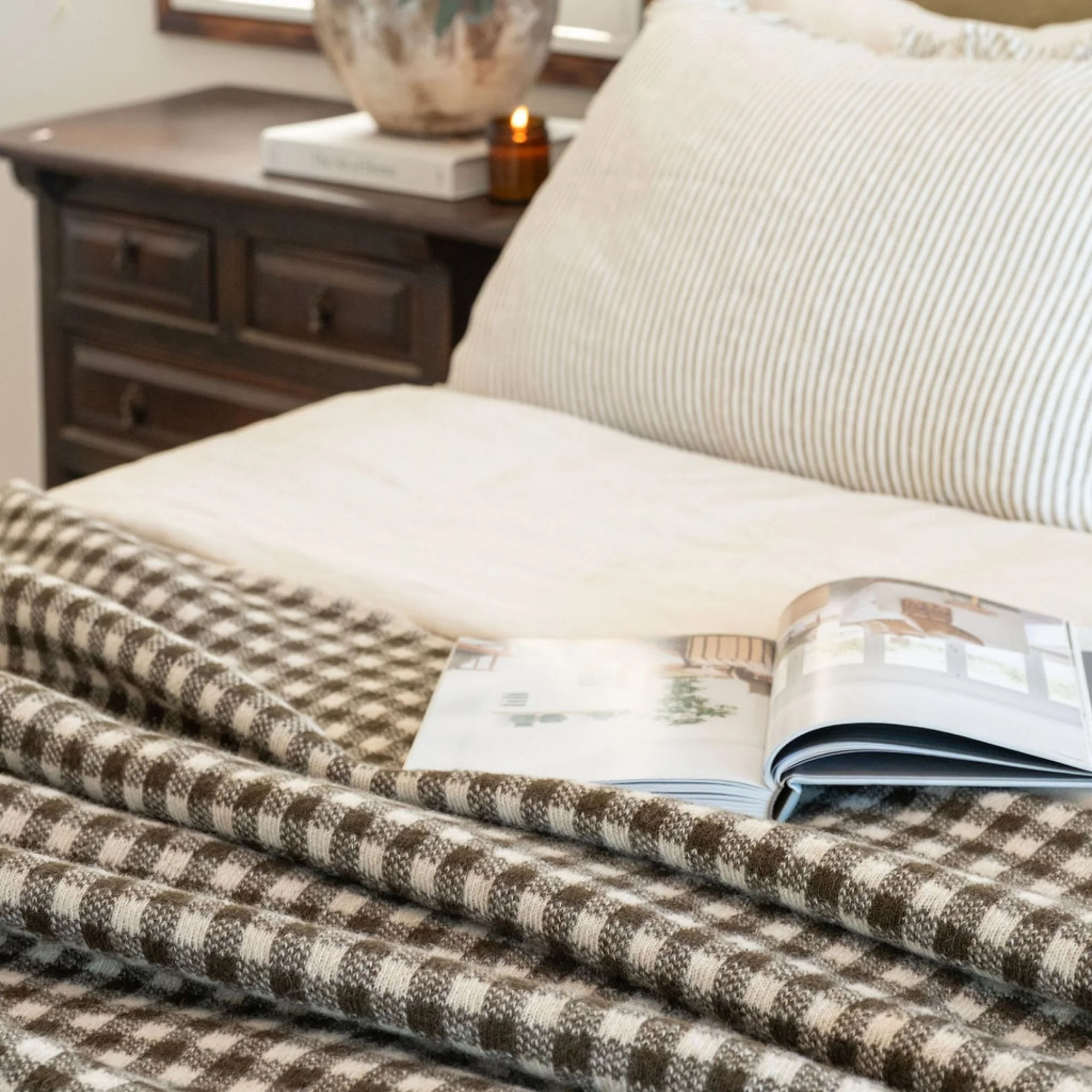 Olive Green Gingham Wool Throw Blanket - Image 6