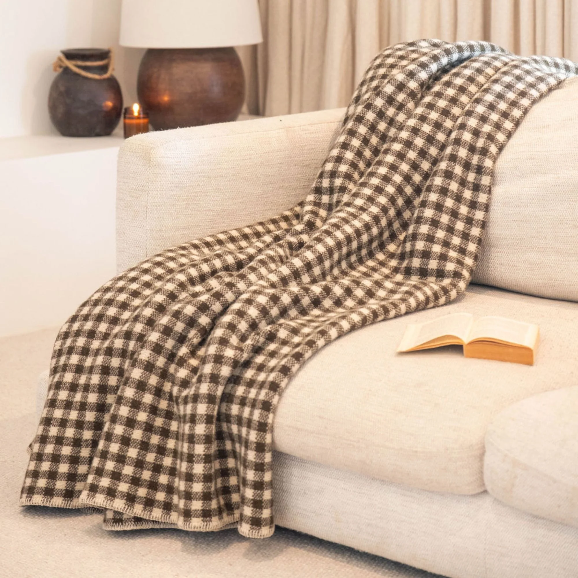 Olive Green Gingham Wool Throw Blanket - Image 8