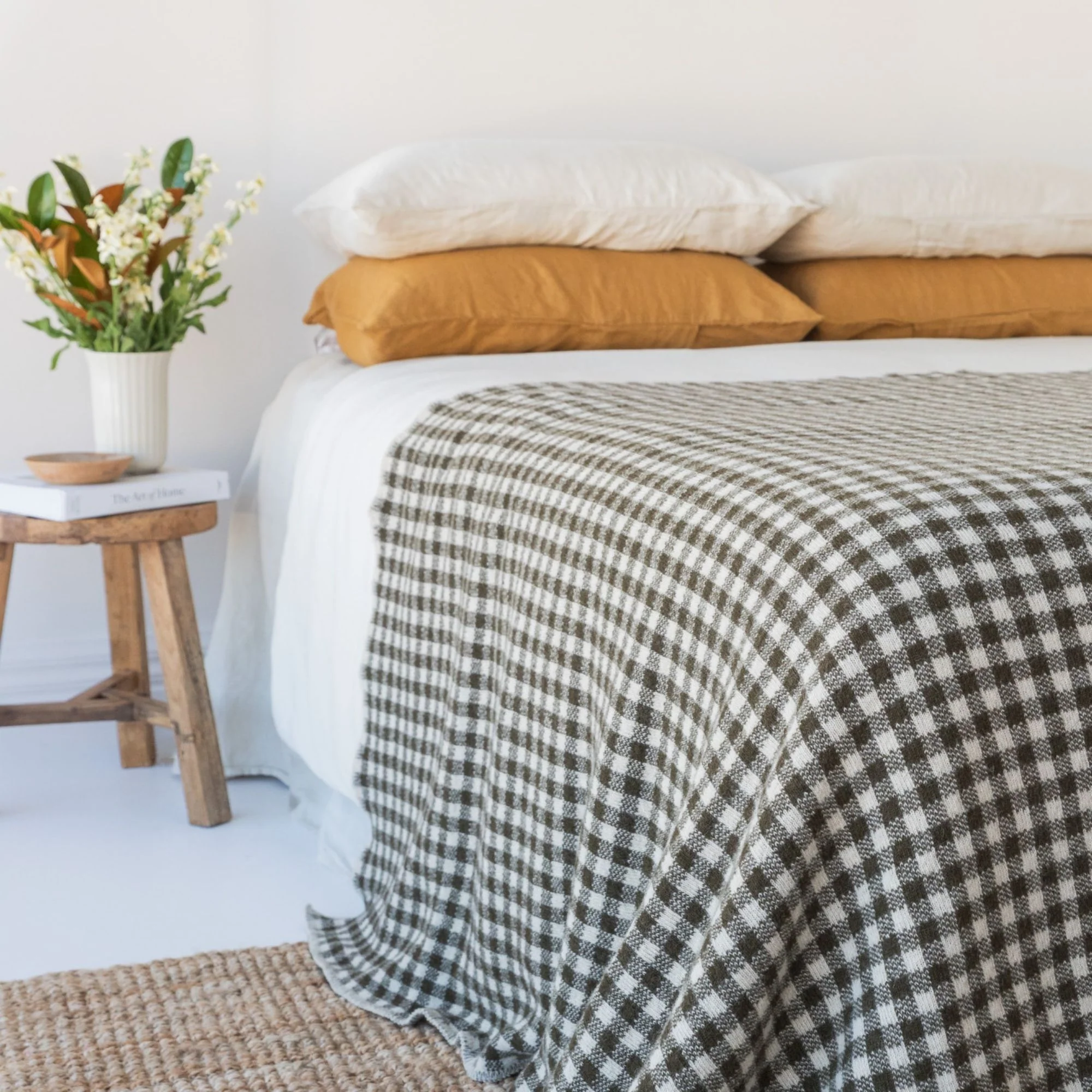 Olive Green Gingham Wool Throw Blanket - Image 9