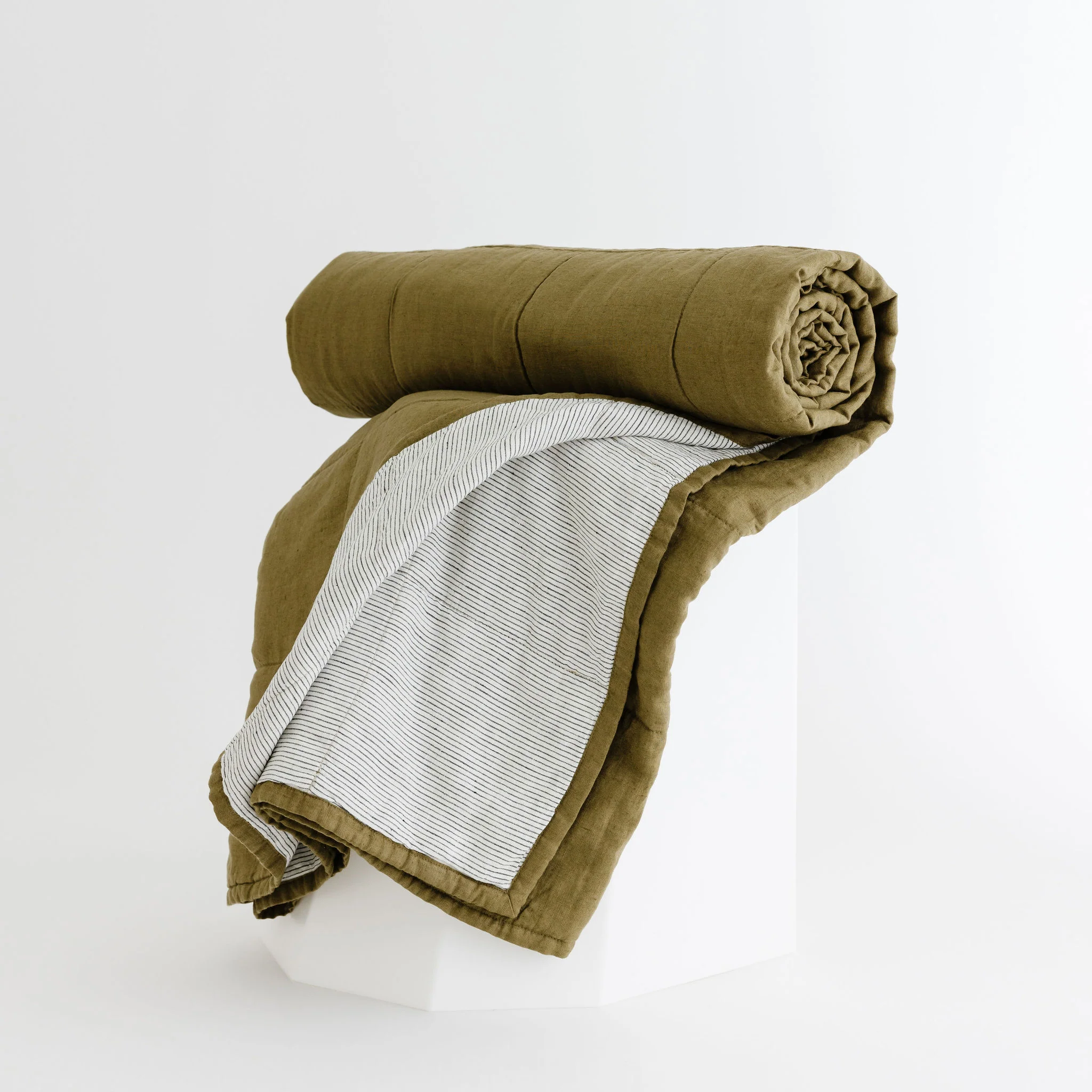 Olive Green & Pinstripes Linen Cot Quilt