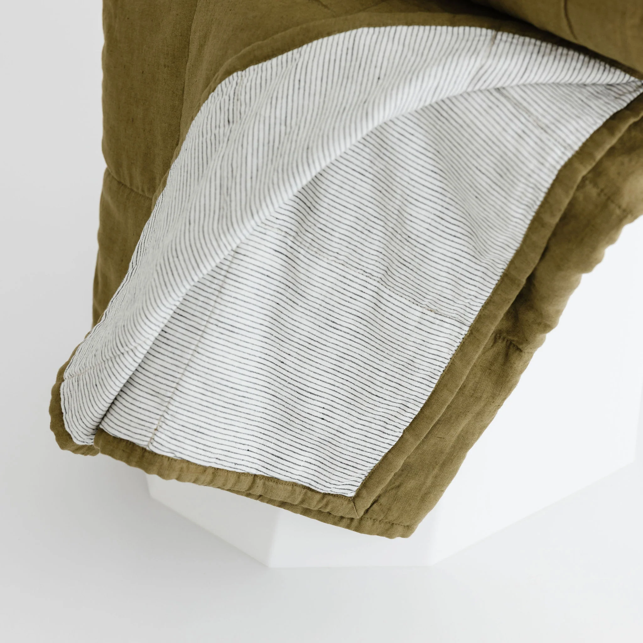 Olive Green & Pinstripes Linen Cot Quilt - Image 2