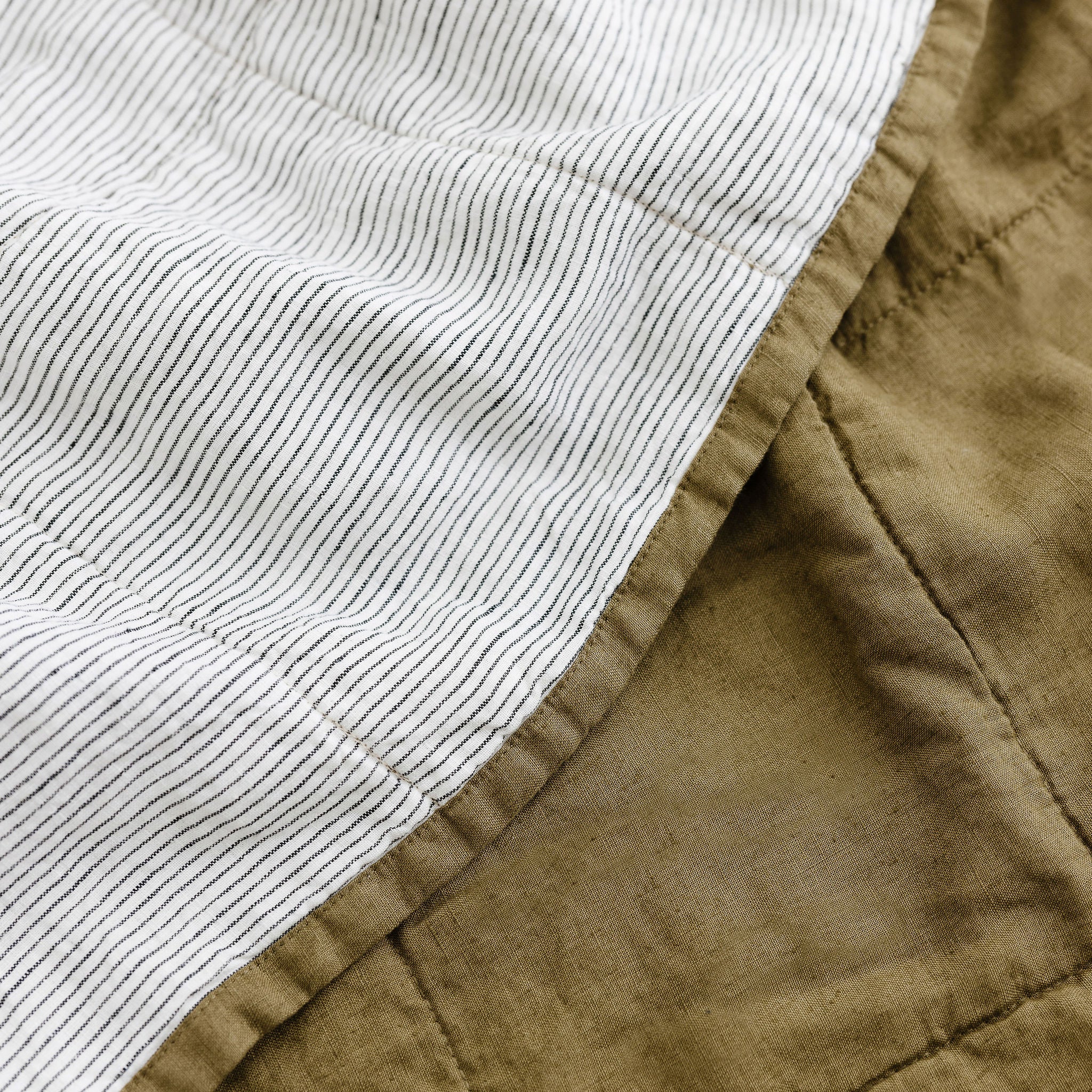 Olive Green & Pinstripes Linen Cot Quilt - Image 3
