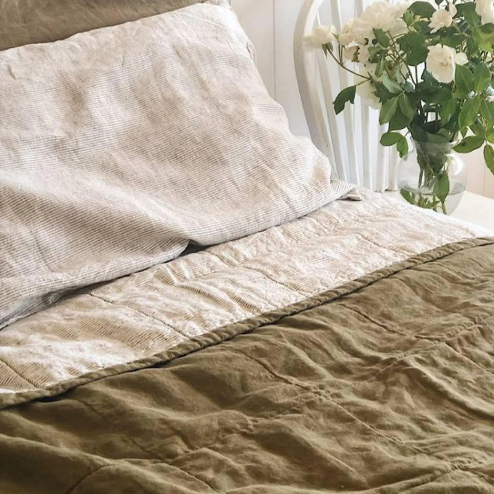 Olive Green & Pinstripes Linen Cot Quilt - Image 4
