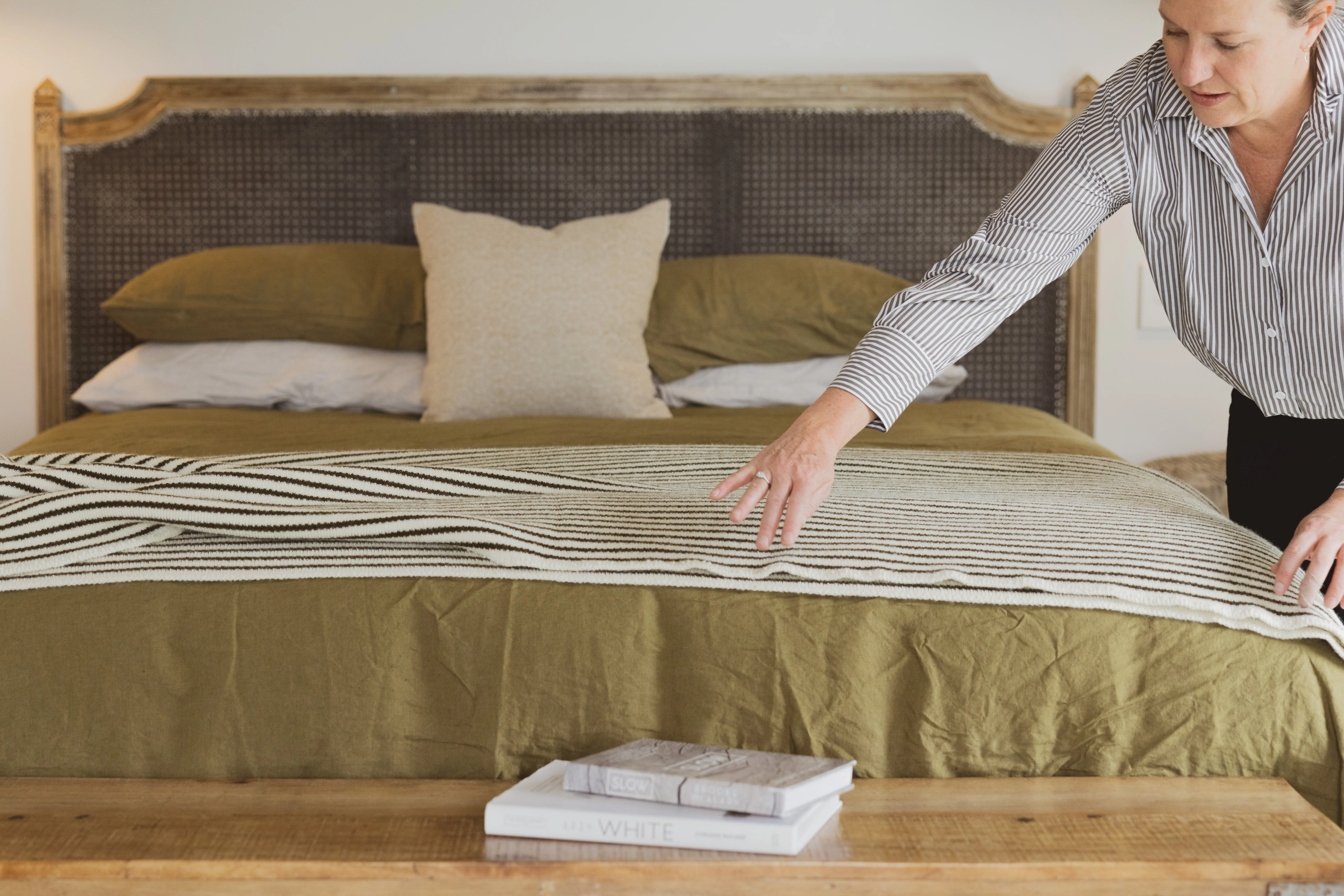 Olive Stripes Wool Throw Blanket - Image 3