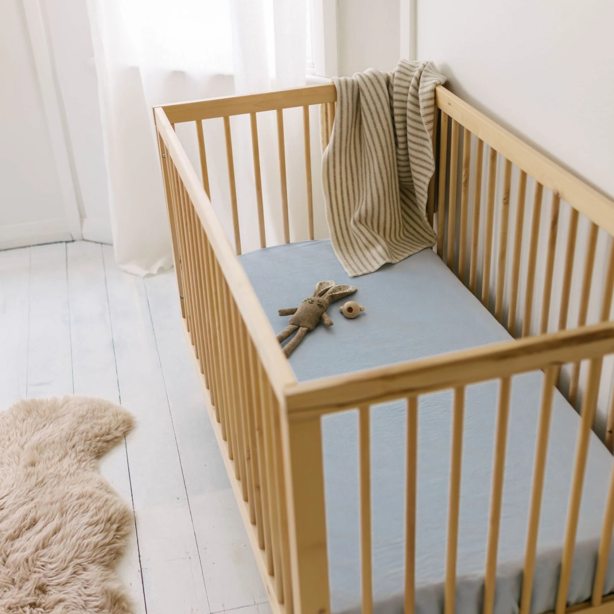 Powder Blue Linen Cot/Bassinet Sheet - Image 4