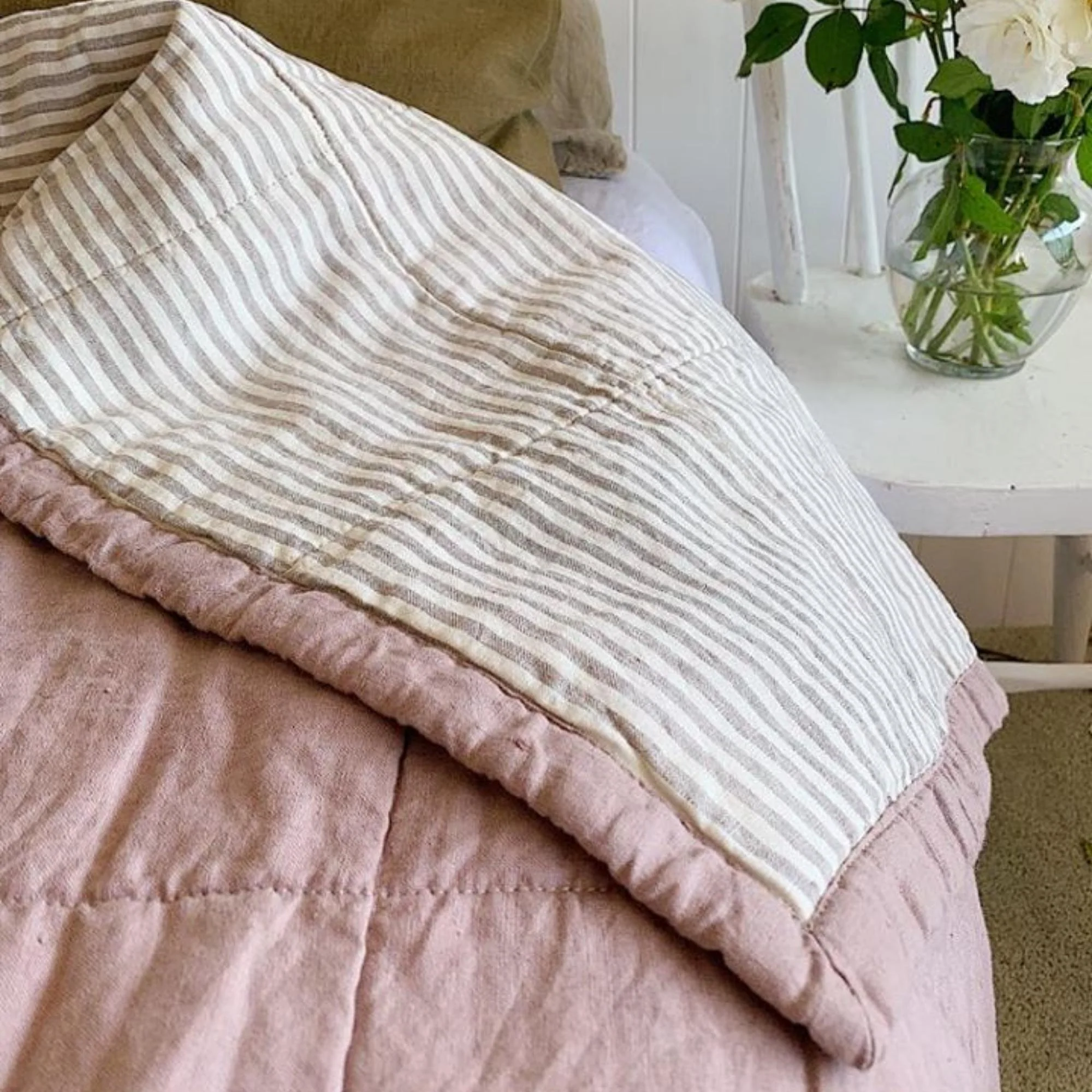 Rosewood Pink & Grey Stripes Linen Quilt - Image 5