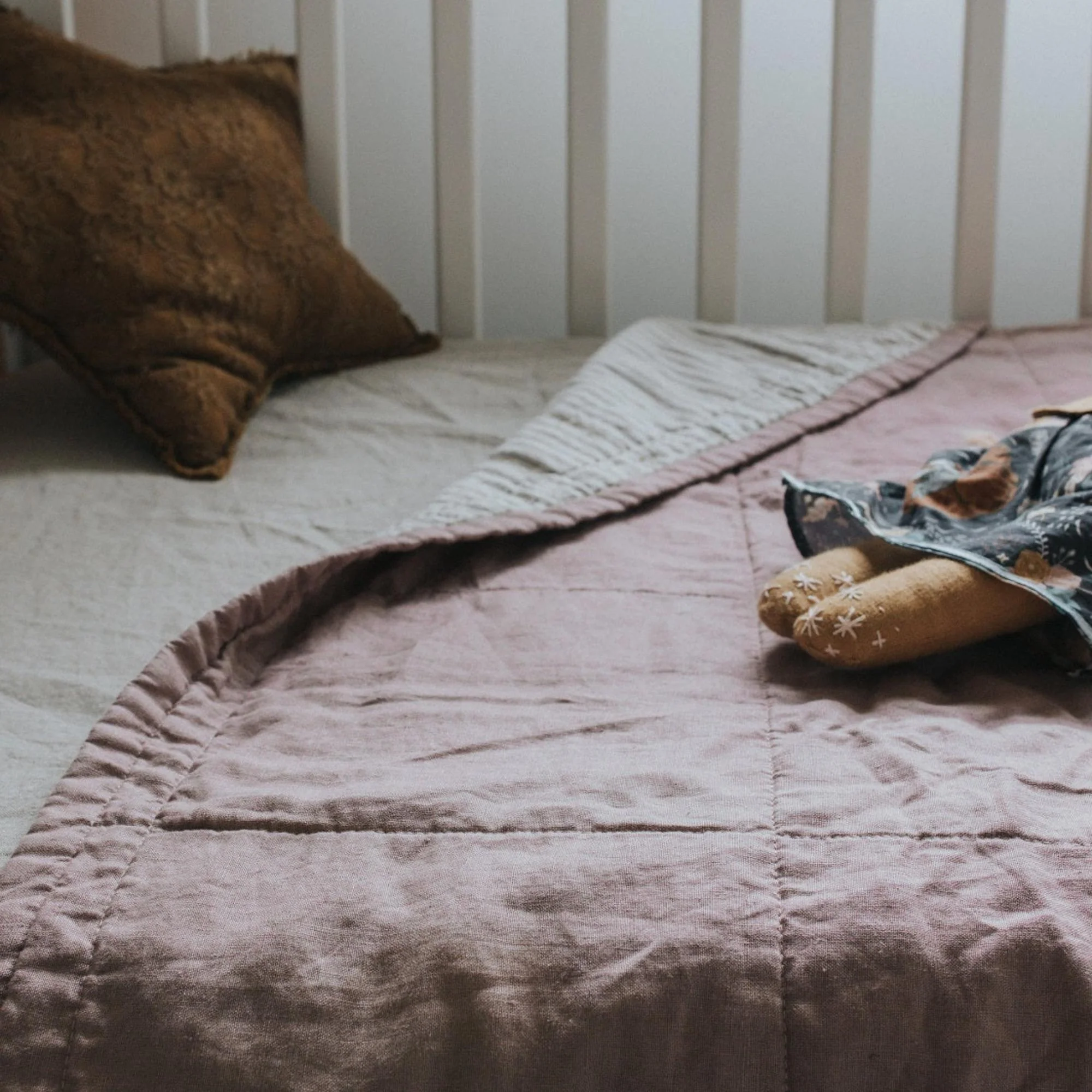 Rosewood Pink & Grey Stripes Linen Quilt - Image 7