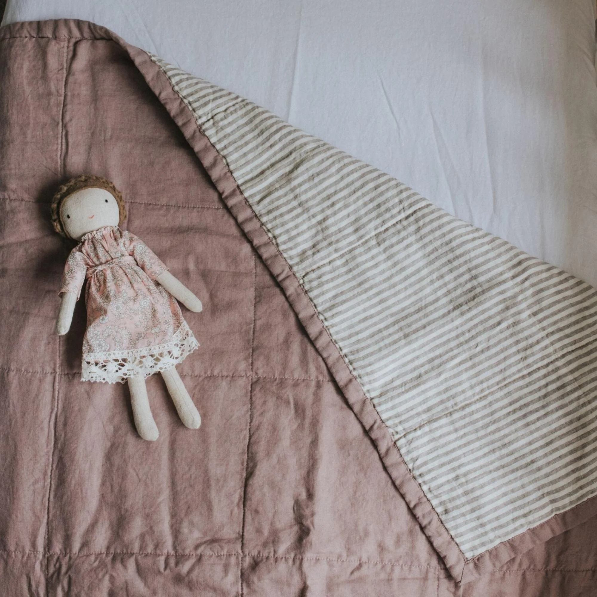 Rosewood Pink & Grey Stripes Linen Quilt - Image 8