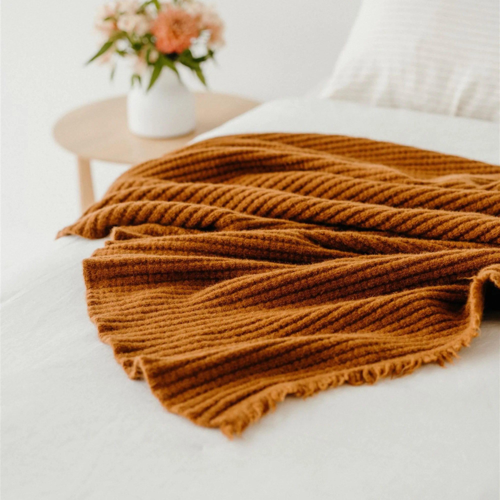 Rust Ribbed Wool Throw Blanket - Image 2