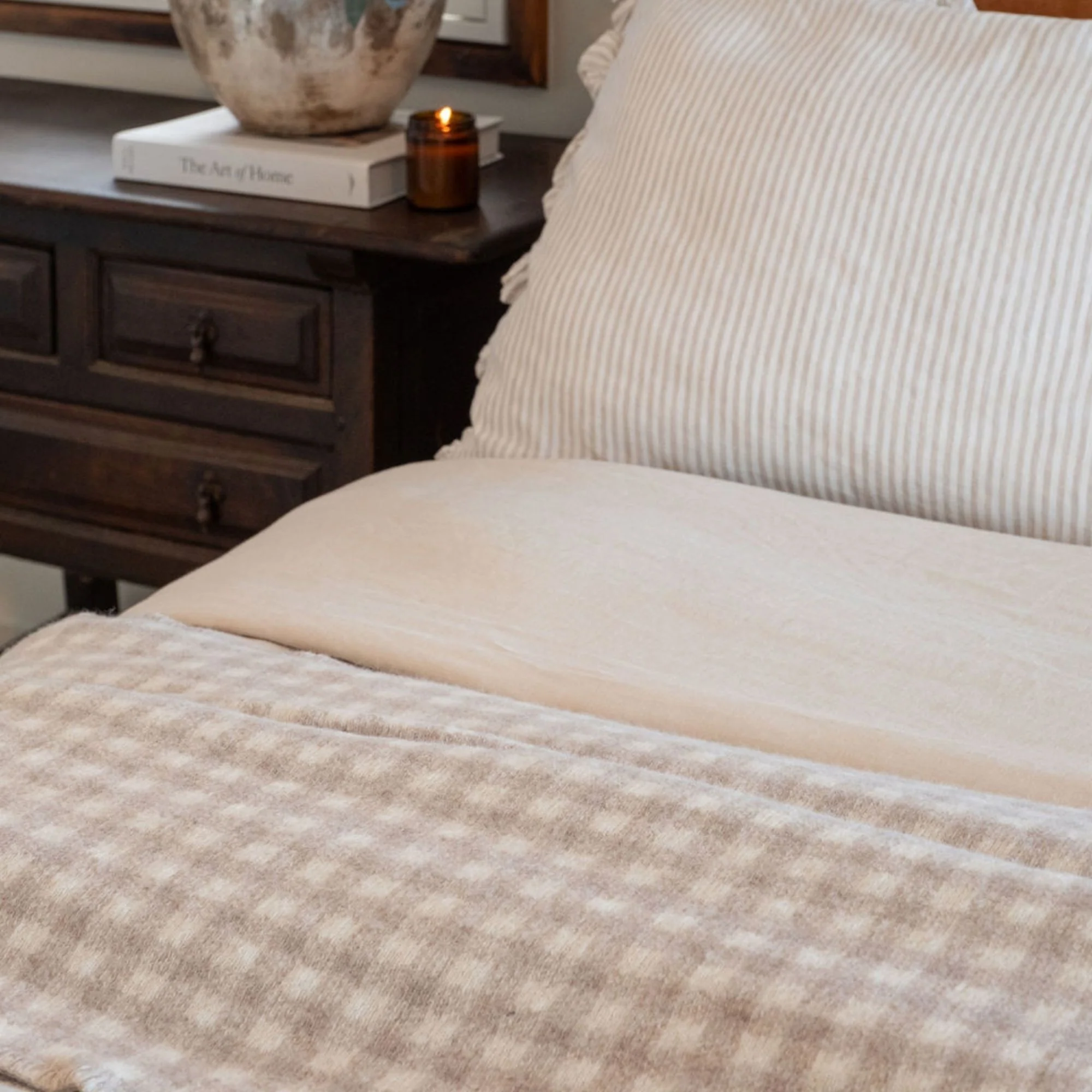 Sand Gingham Wool Throw Blanket - Image 4