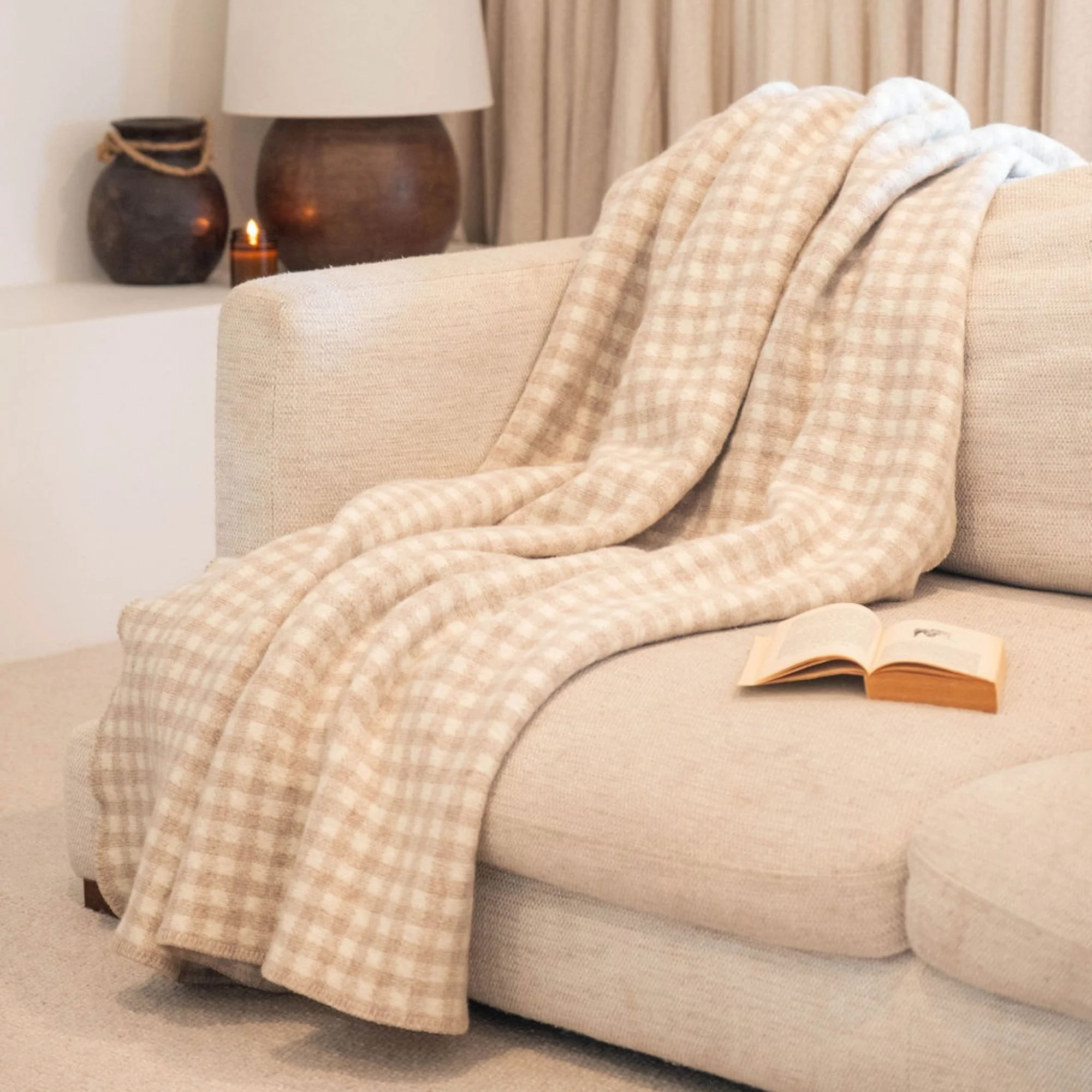 Sand Gingham Wool Throw Blanket - Image 8
